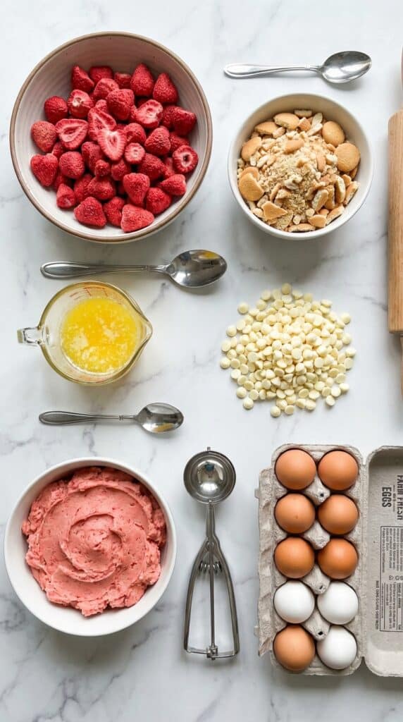 A top-down flat lay view showing freeze-dried strawberries, crushed vanilla wafers, white chocolate chips, and pink dough on a marble counter.