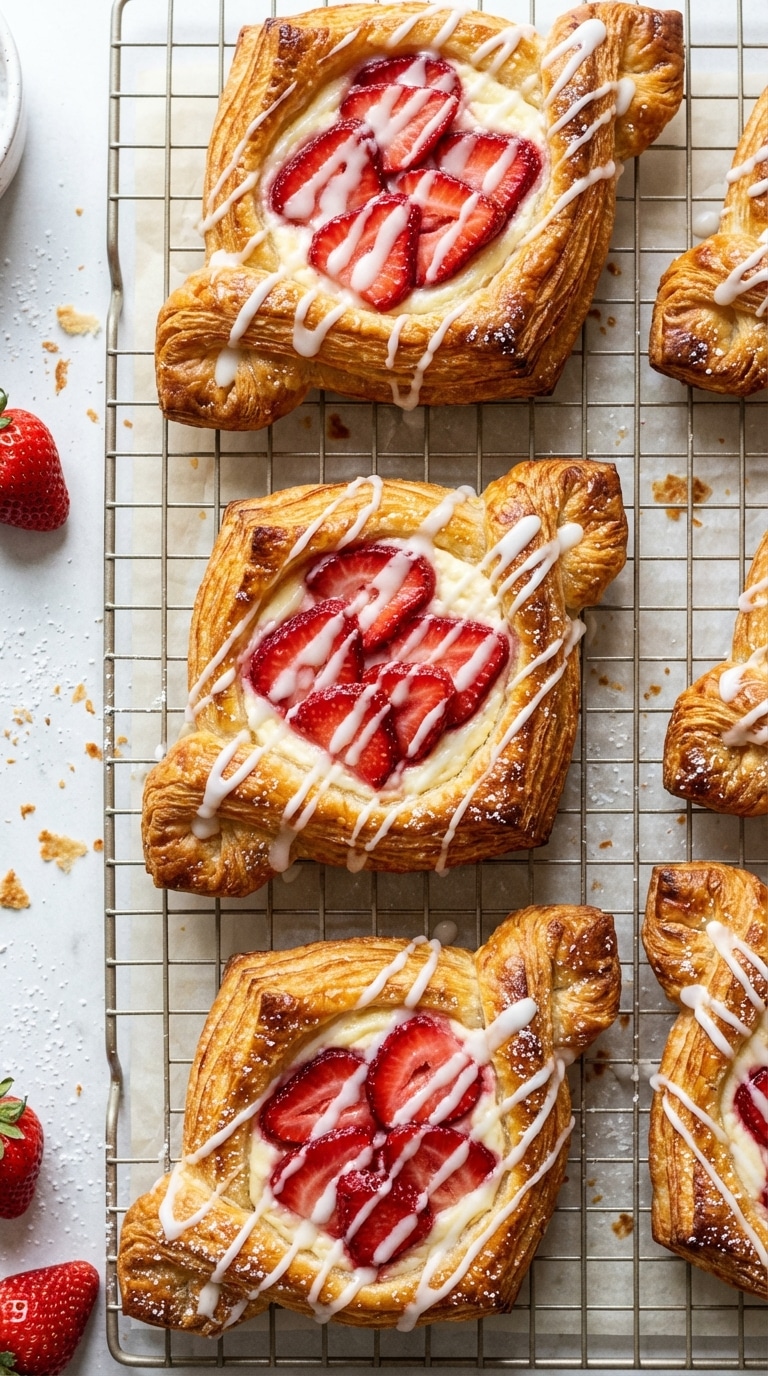 A top-down view of freshly baked strawberry and cream cheese danishes drizzled with white vanilla glaze on a cooling rack.