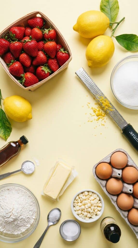 A flat lay showing fresh strawberries, lemons, a zester, sugar, butter, eggs, and white chocolate chips on a pale yellow background.