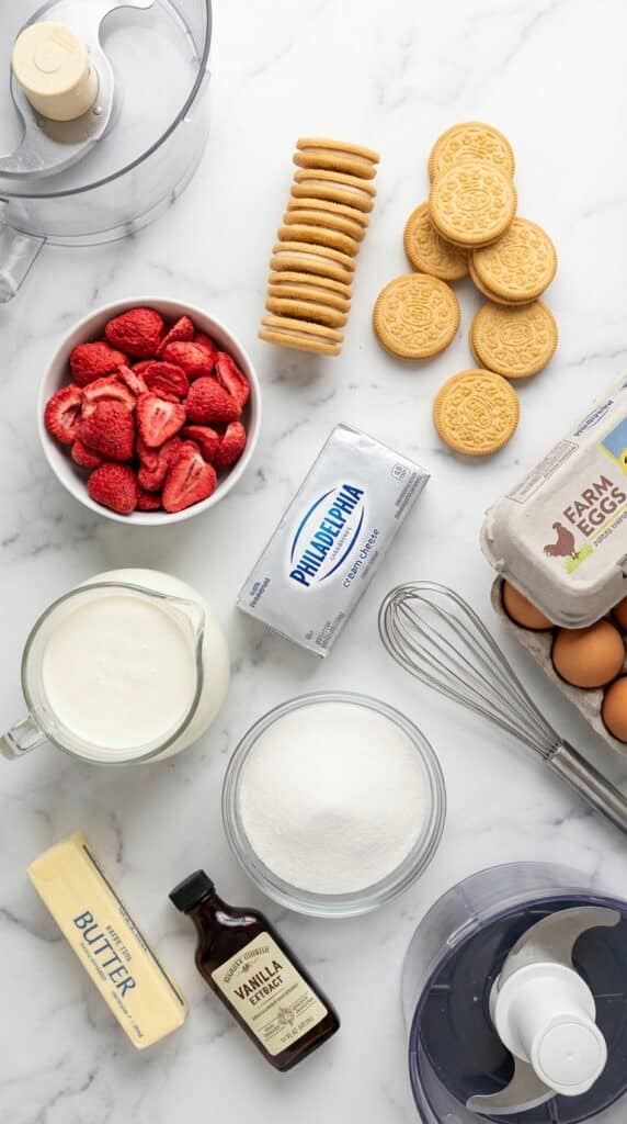 A flat lay showing freeze-dried strawberries, golden sandwich cookies, cream cheese, heavy cream, and eggs on a white marble board.