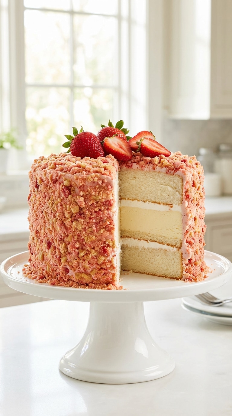 A whole strawberry shortcake cheesecake coated in pink and gold cookie crunch with one slice removed, revealing layers of vanilla cake and cheesecake.