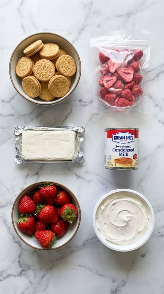A flat lay showing vanilla sandwich cookies, freeze-dried strawberries, cream cheese, fresh strawberries, and condensed milk on a marble board.