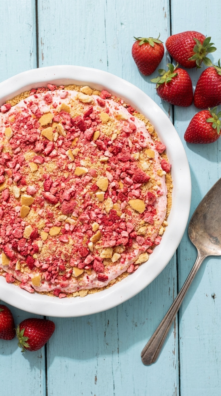 A whole freezer pie in a white dish, completely covered in a pink and golden strawberry cookie crumb topping.