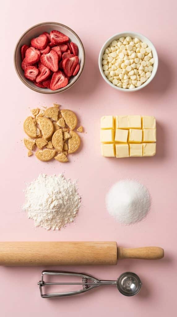 A flat lay showing freeze-dried strawberries, white chocolate chips, golden cookies, butter, flour, and sugar on a light pink background.
