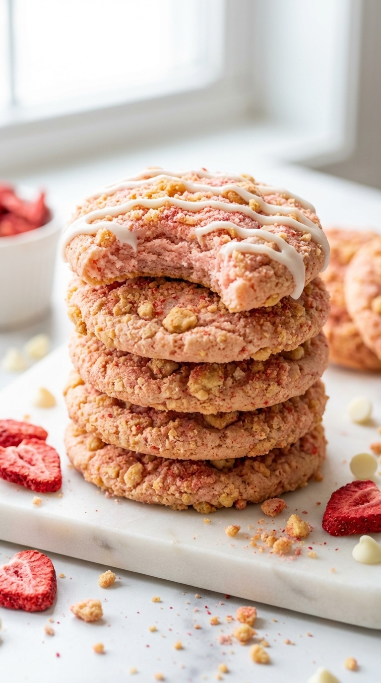 A stack of pink strawberry sugar cookies coated in a strawberry crunch topping and drizzled with white vanilla icing.