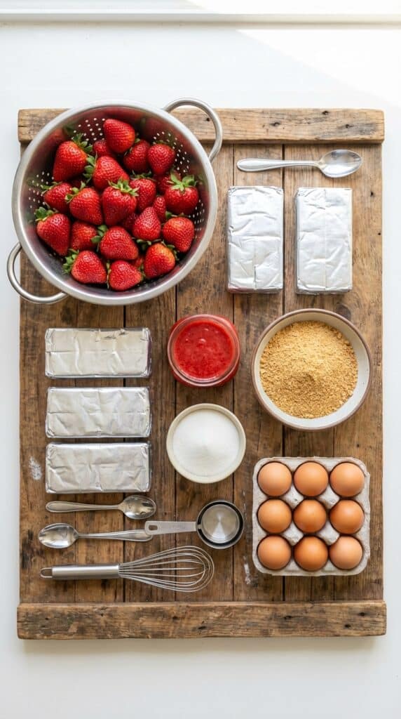 A flat lay showing fresh strawberries, cream cheese blocks, graham cracker crumbs, eggs, and strawberry sauce on a wooden board.