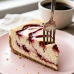 A close-up of a slice of strawberry swirl cheesecake on a pink plate with a fork cutting into the dense, marbled interior.