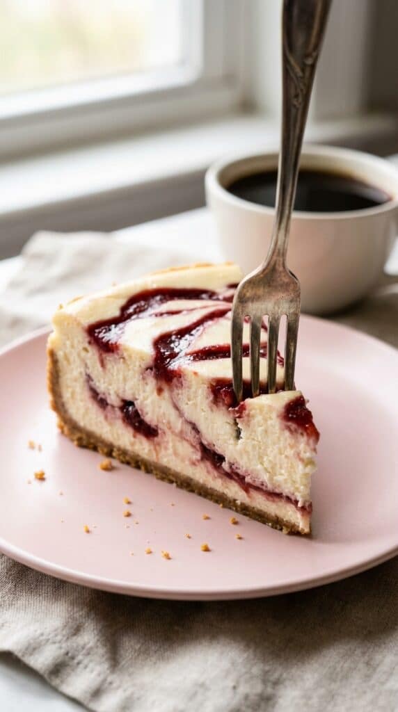 A close-up of a slice of strawberry swirl cheesecake on a pink plate with a fork cutting into the dense, marbled interior.