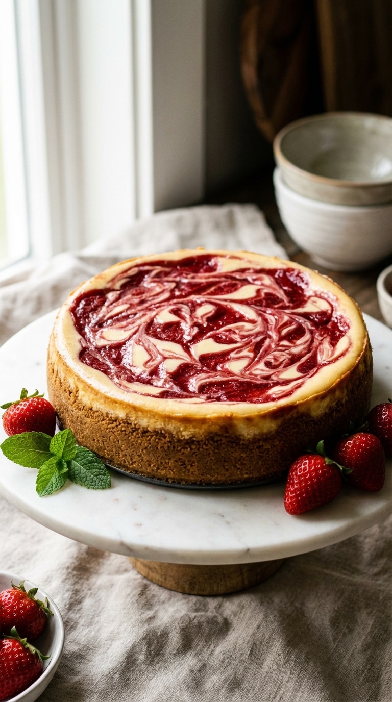A whole round cheesecake on a marble stand featuring beautiful deep red strawberry swirls across a creamy white top.