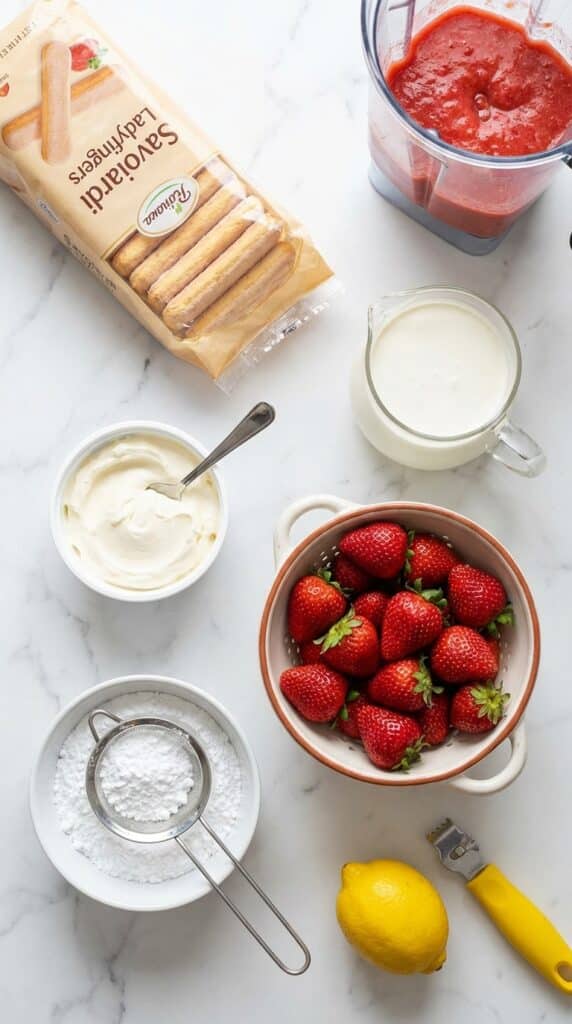 A flat lay showing ladyfinger cookies, mascarpone cheese, heavy cream, fresh strawberries, and lemon on a marble board.