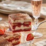 A close-up of a spatula lifting a layered slice of strawberry tiramisu out of a glass dish.