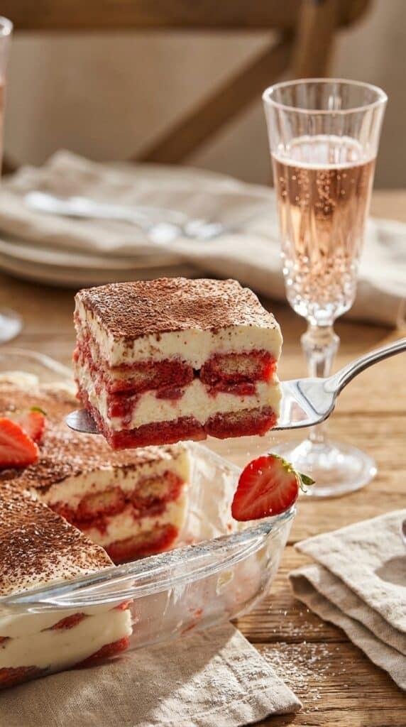 A close-up of a spatula lifting a layered slice of strawberry tiramisu out of a glass dish.