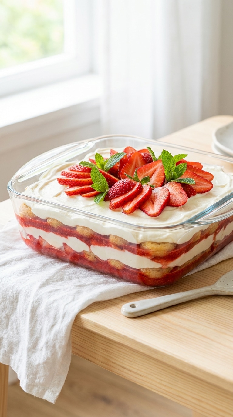 A glass dish of strawberry tiramisu showing layers of ladyfingers, mascarpone cream, and fresh strawberries.