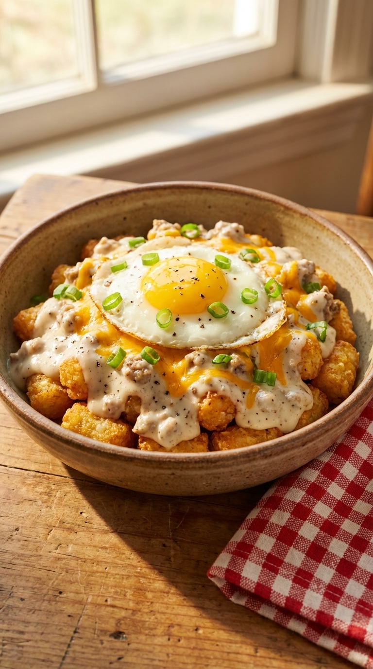 A rustic bowl filled with crispy tater tots topped with creamy sausage gravy, melted cheddar cheese, a fried egg, and green onions.