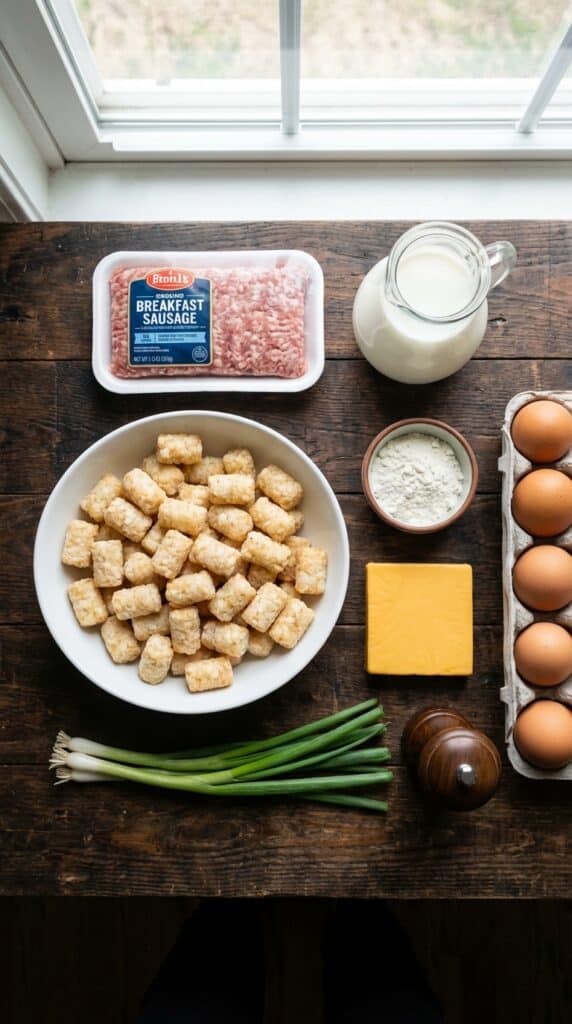 A flat lay showing frozen tater tots, ground sausage, milk, flour, eggs, cheddar cheese, and green onions on a wooden board.