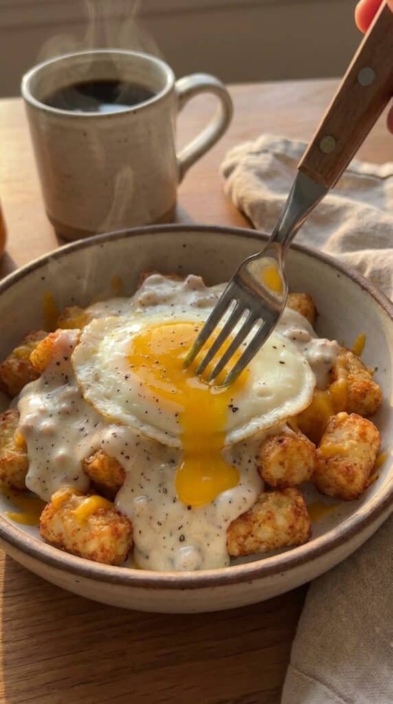 A close-up of a fork breaking a runny egg yolk over crispy tater tots and sausage gravy, with coffee in the background.