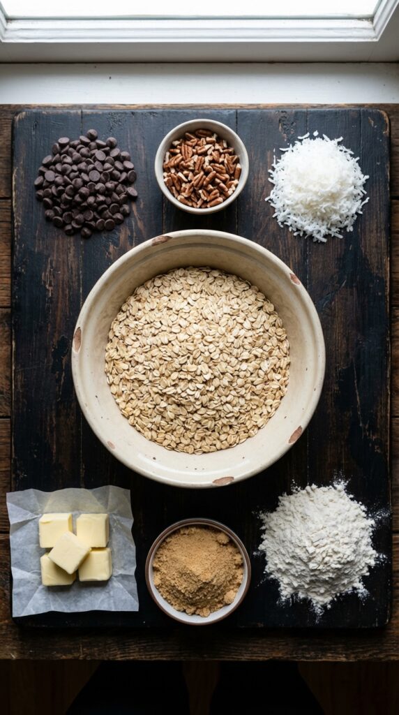 A flat lay showing old-fashioned oats, chocolate chips, chopped pecans, shredded coconut, butter, and sugar on a dark wooden board.