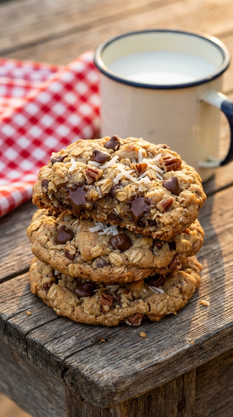 A rustic stack of thick cowboy cookies loaded with oats, chocolate chips, pecans, and coconut on a wooden table next to a mug of milk