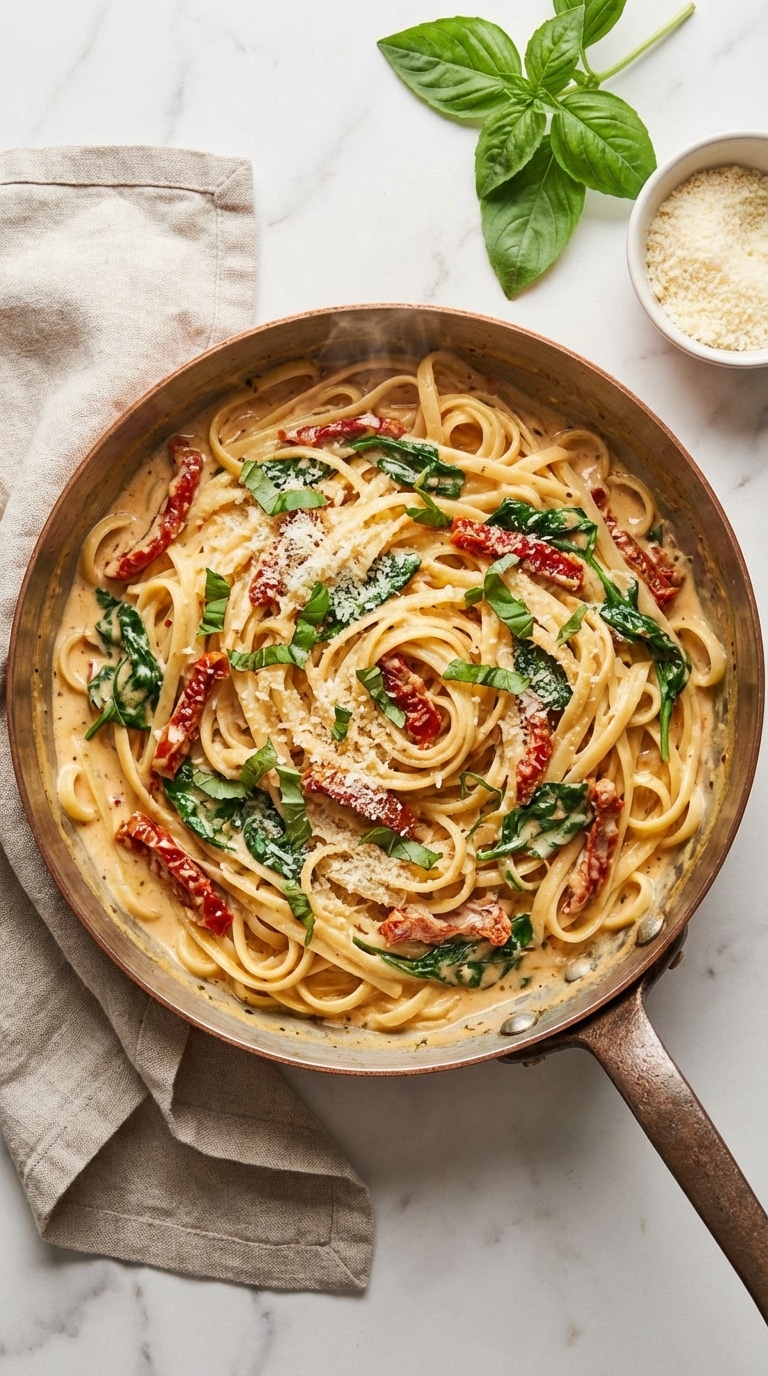 A top-down view of a ceramic baking dish filled with ricotta stuffed pasta shells in marinara sauce, topped with bubbly melted mozzarella and fresh basil.