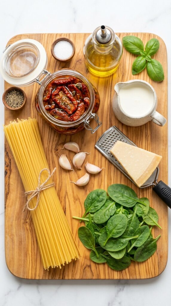 A flat lay showing dry jumbo pasta shells, ricotta cheese, mozzarella, parmesan, marinara sauce, an egg, and parsley on a wooden board.