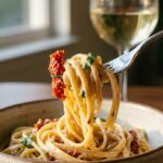 A close-up of a spatula lifting stuffed shells with a long stringy cheese pull, revealing the creamy ricotta filling.