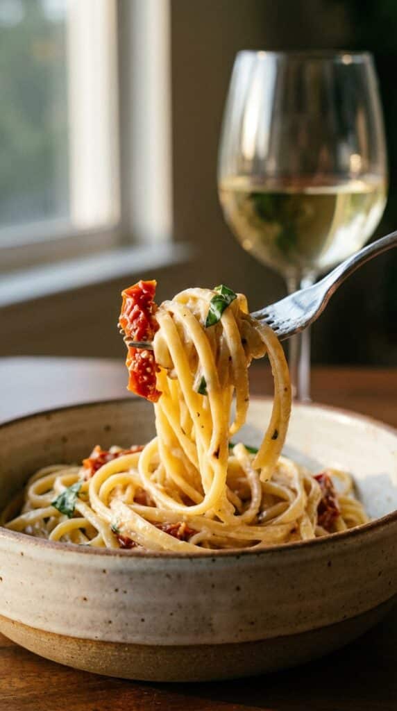 A close-up of a spatula lifting stuffed shells with a long stringy cheese pull, revealing the creamy ricotta filling.