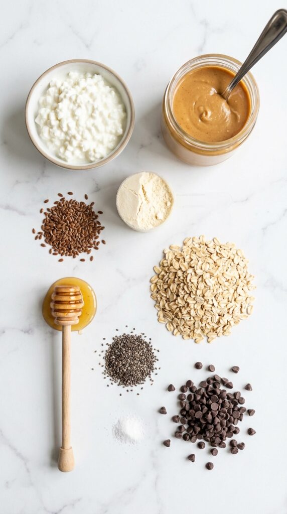 A flat lay showing cottage cheese, peanut butter, rolled oats, protein powder, honey, and mini chocolate chips on a marble counter.