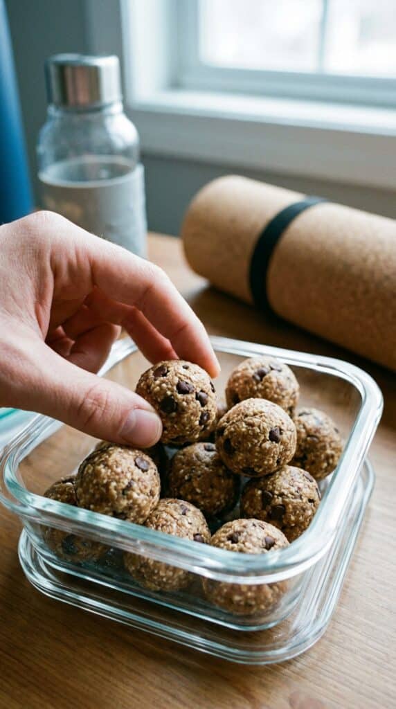 A hand grabbing a chocolate chip protein ball out of a glass meal prep container, with a yoga mat blurred in the background.