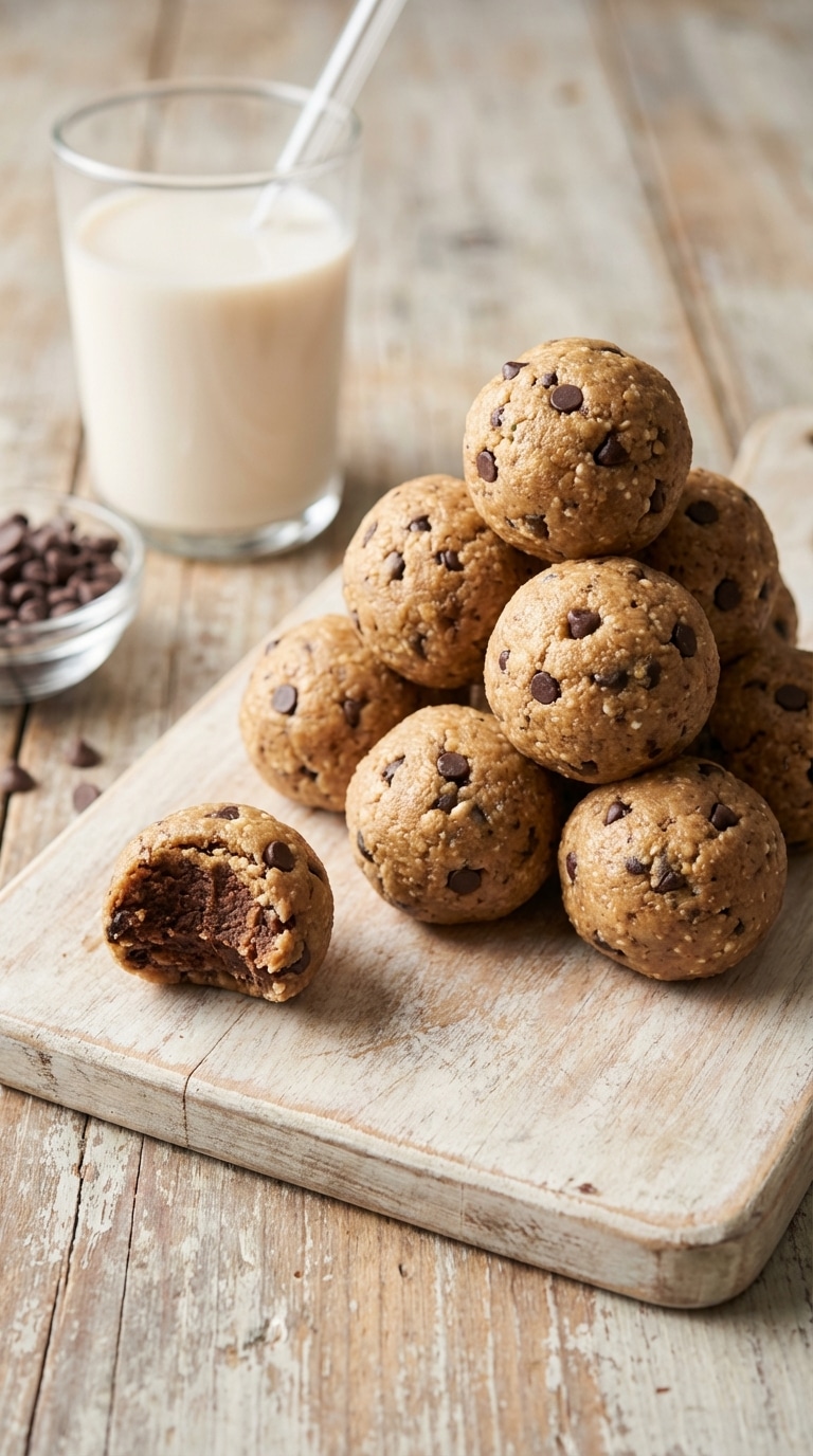 A stack of chocolate chip protein balls on a wooden board, with one bitten in half to show the fudgy center.