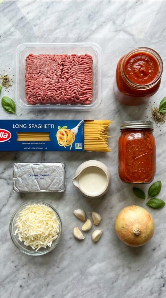 A flat lay showing dry spaghetti, ground beef, a jar of marinara, a block of cream cheese, heavy cream, and mozzarella on a marble counter.