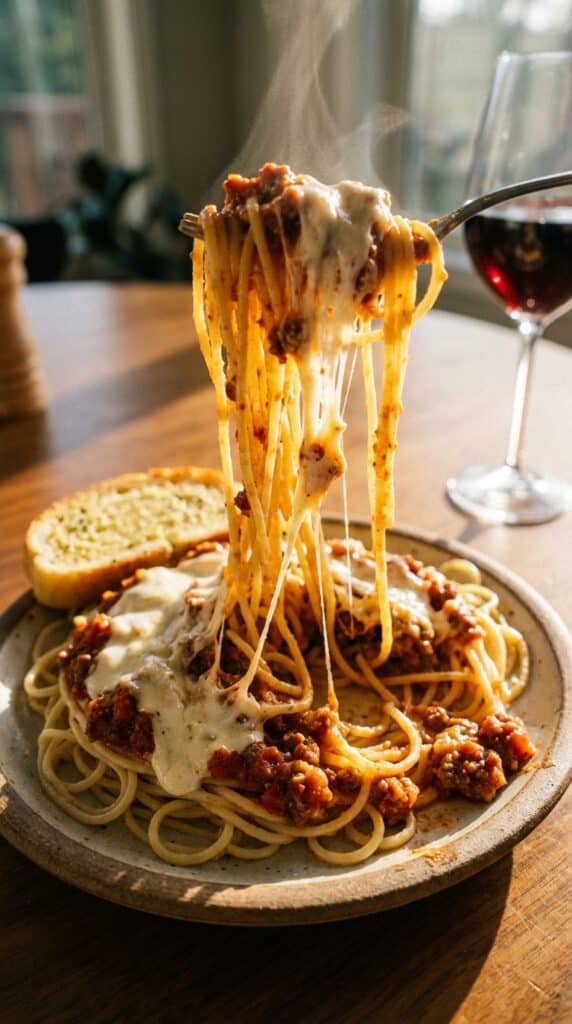 A close-up of a fork lifting a bite of creamy baked spaghetti with a long string of melted mozzarella cheese.