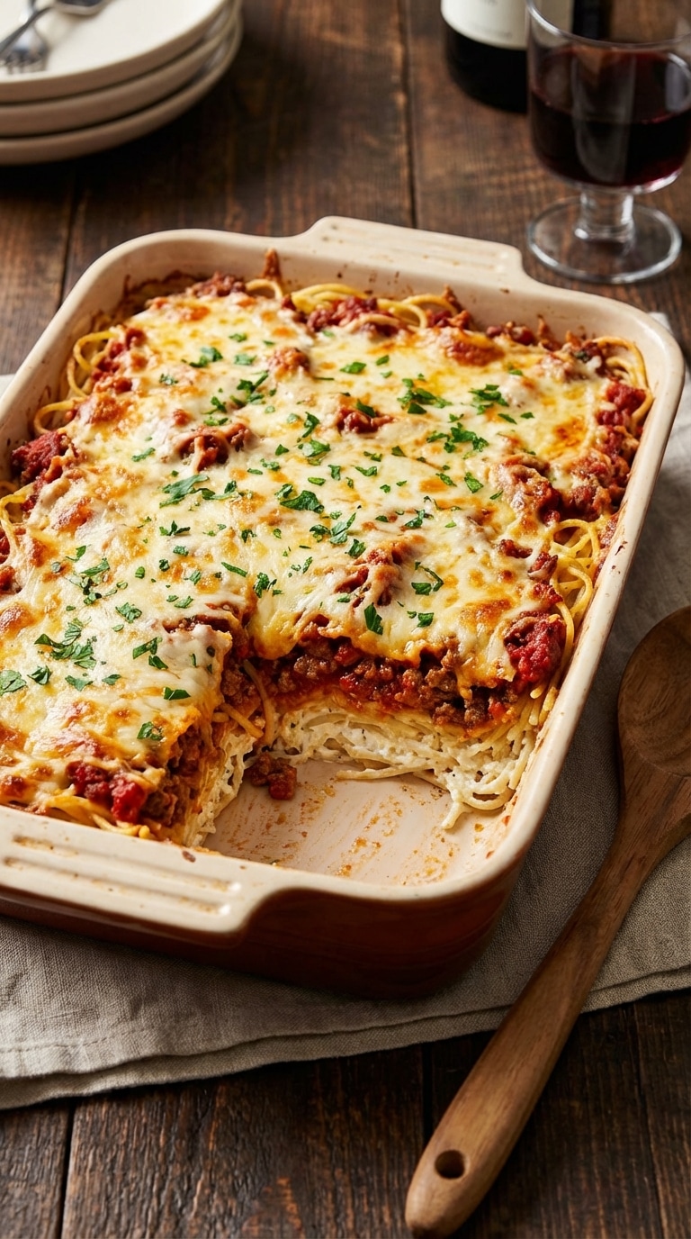 A 9x13 baking dish of baked spaghetti with a scoop removed, showing a creamy pasta layer beneath red meat sauce and melted mozzarella.