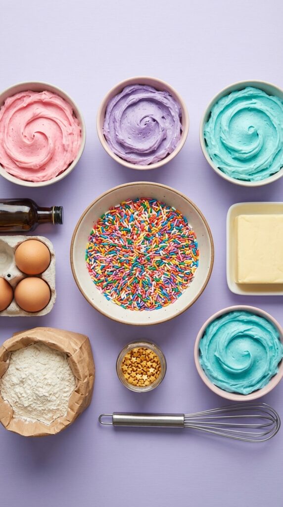 A flat lay showing rainbow sprinkles, small bowls of pink, purple, and blue frosting, flour, butter, and eggs on a light purple background.