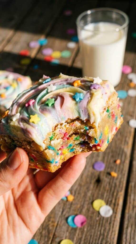A close-up of a hand holding a half-eaten unicorn bar, showing the soft, chewy funfetti center and thick swirled frosting.