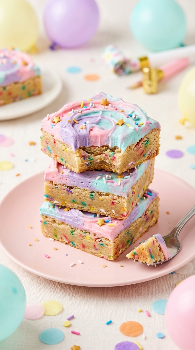 A stack of thick funfetti cookie bars topped with pastel pink, purple, and blue swirled frosting and star sprinkles.