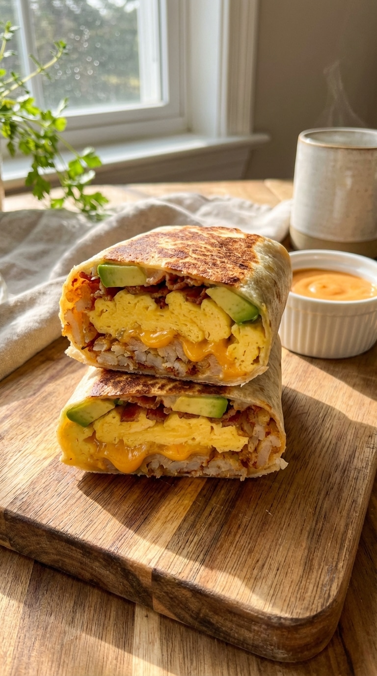 A close-up cross-section of a toasted breakfast burrito filled with eggs, bacon, crispy hashbrowns, cheese, and avocado on a wooden board.