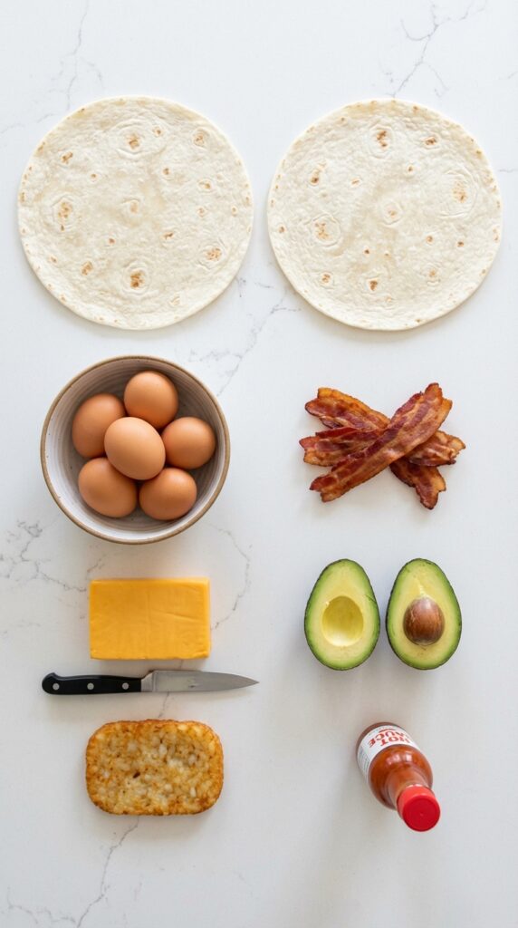 A flat lay showing large tortillas, eggs, cooked bacon, cheddar cheese, avocado, a hashbrown patty, and hot sauce on a white counter.