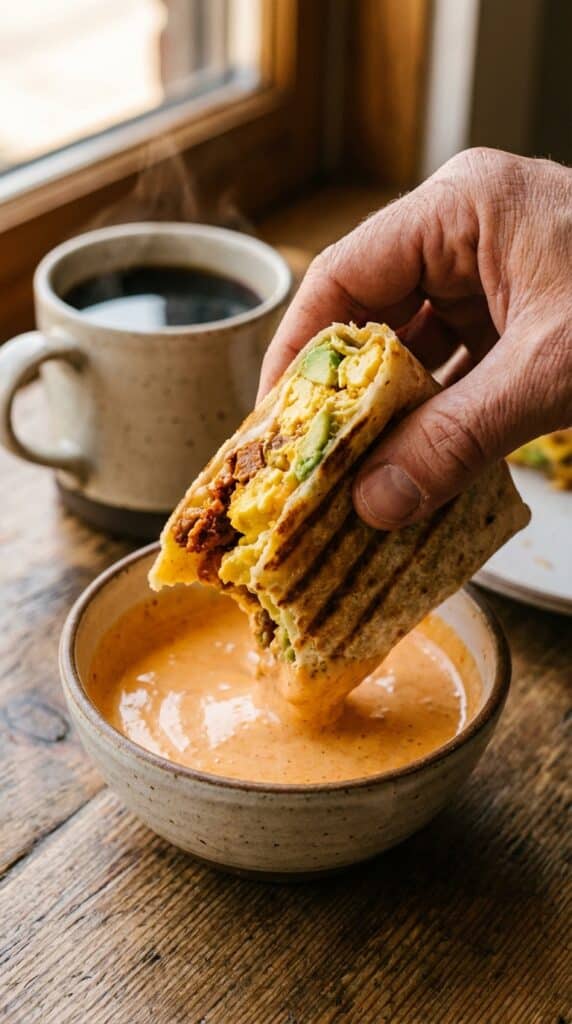 A hand holding a half-eaten, toasted breakfast burrito and dipping it into a bowl of spicy mayo with a coffee mug in the background.