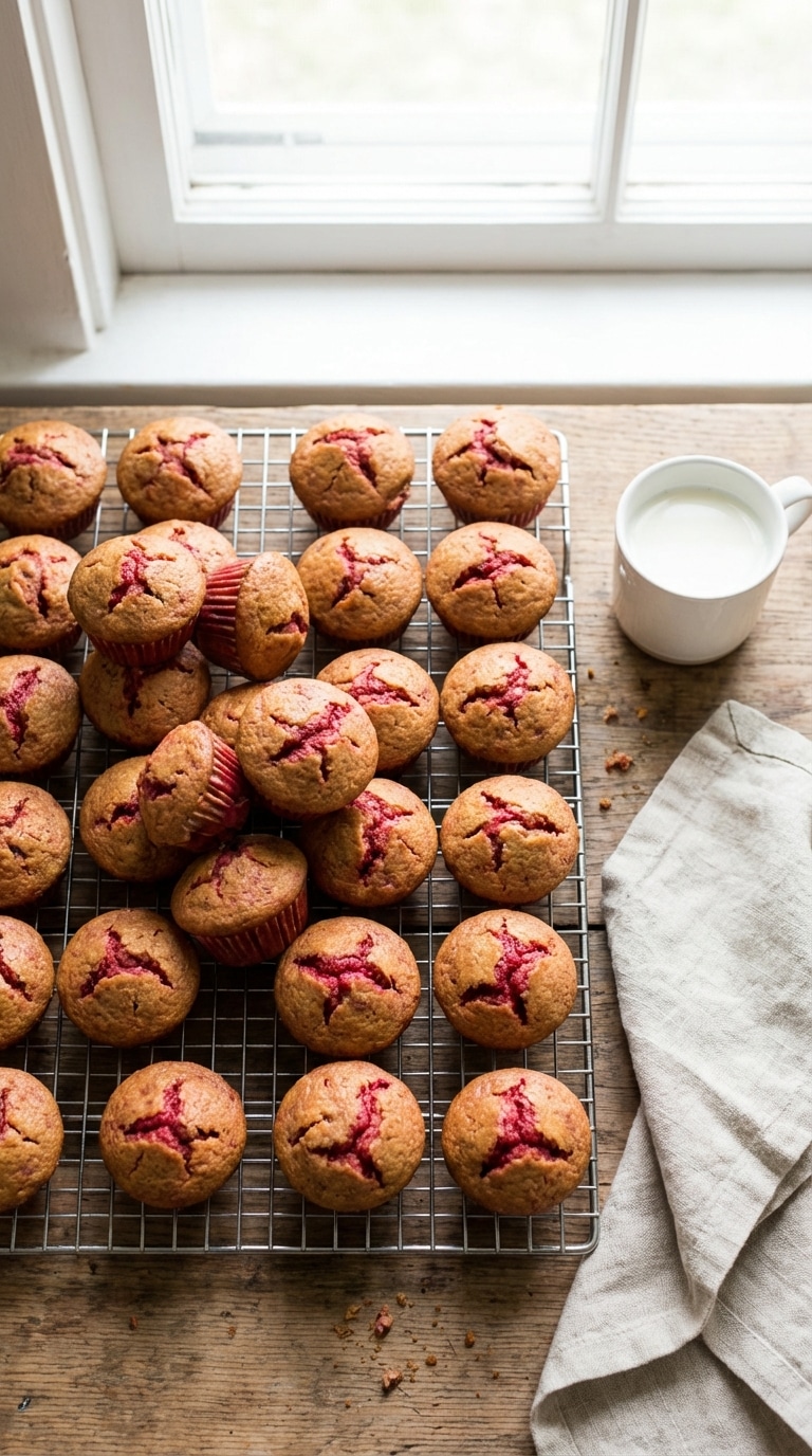 A wire cooling rack filled with small, vibrant pink beet mini muffins next to a cup of milk on a kitchen counter.