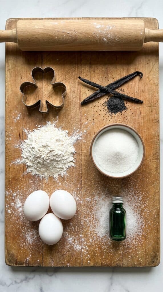 A flat lay showing a shamrock cookie cutter, a vanilla bean pod, flour, sugar, eggs, and green food coloring on a wooden board.