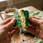 A close-up of hands breaking a green frosted shamrock cookie in half, showing the soft, buttery inside.