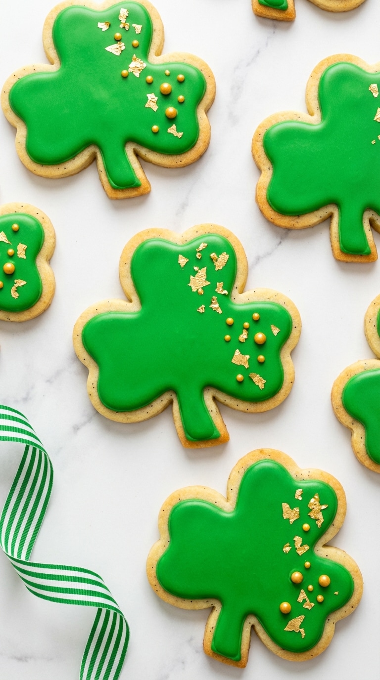 A flat lay of shamrock-shaped sugar cookies decorated with smooth green icing and gold sprinkles on a marble counter.
