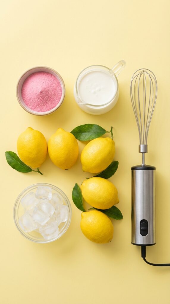 A flat lay showing pink lemonade powder, heavy cream, fresh lemons, ice, and a whisk on a pastel yellow background.
