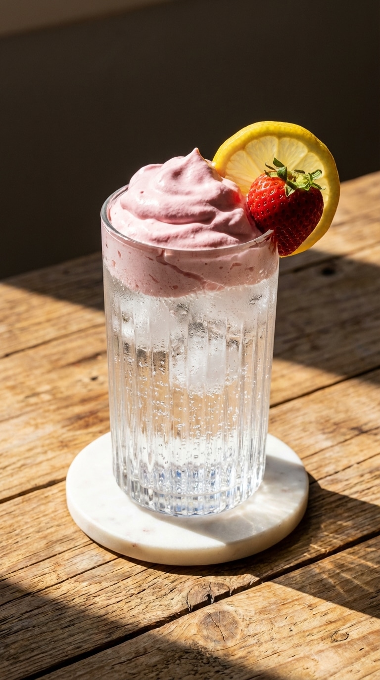 A tall glass of iced sparkling water topped with a thick layer of fluffy pink whipped lemonade cream, garnished with a lemon wheel and strawberry.