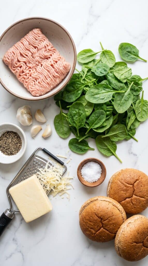A flat lay showing ground chicken, fresh baby spinach, a block of white cheddar cheese, garlic, and burger buns on a marble surface.