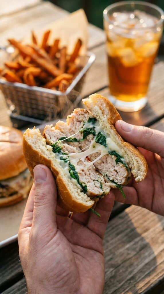 Two hands holding a halved chicken, spinach, and white cheddar burger, showing the juicy, cheesy interior with steam rising.