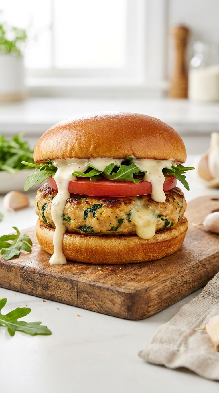 A close-up of a chicken burger patty speckled with spinach and melted white cheddar, assembled on a bun with tomato and arugula.