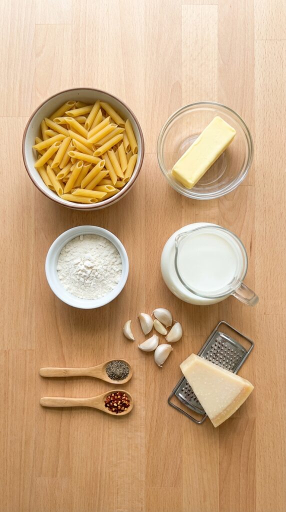 A flat lay showing dry penne pasta, butter, flour, milk, garlic, cheese, and spices on a wooden board.