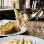 A close-up of a fork twirling creamy white sauce penne pasta, showing the thick sauce clinging to the noodles.