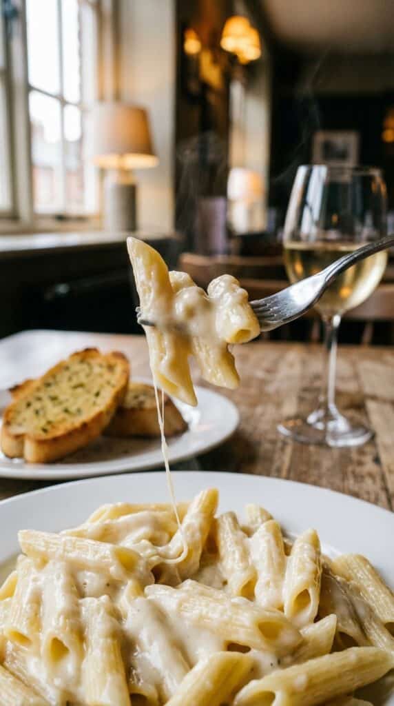 A close-up of a fork twirling creamy white sauce penne pasta, showing the thick sauce clinging to the noodles.